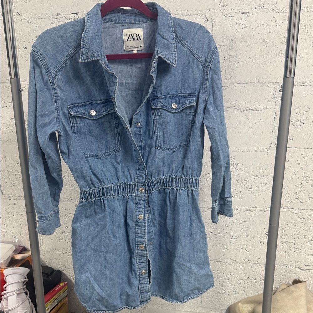 Zara Blue Denim Dress Snap Button Down Long Sleeve NEVER WORN Size Medium